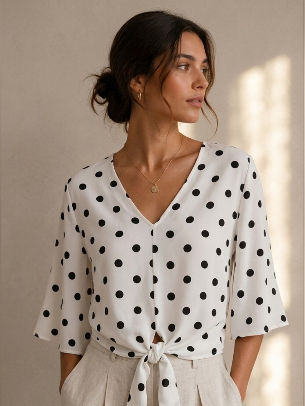 ​Polka Dot Tie-Front V-Neck Blouse Boho Chic Flounce Sleeve Top Medium